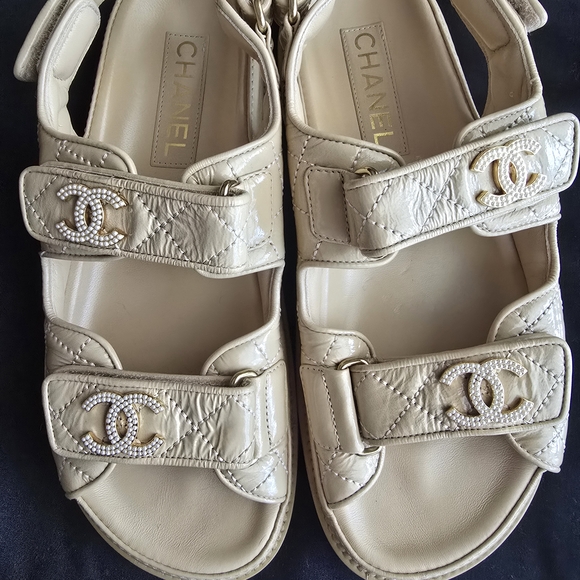 Chanel Beige Sandals with Gold Logo - Picture 1 of 5